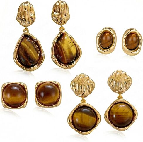 Brown Gold Earrings for Women, Resin Tiger Eye Stud Earrings Set, Chunky Translucent Hypoallergenic Vintage Fashion Jewelry Gifts in Saudi Arabia