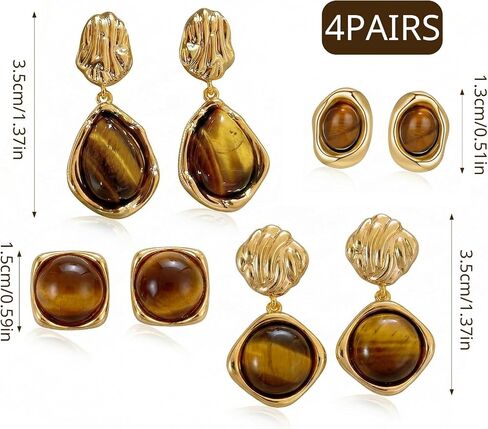 Brown Gold Earrings for Women, Resin Tiger Eye Stud Earrings Set, Chunky Translucent Hypoallergenic Vintage Fashion Jewelry Gifts in Saudi Arabia