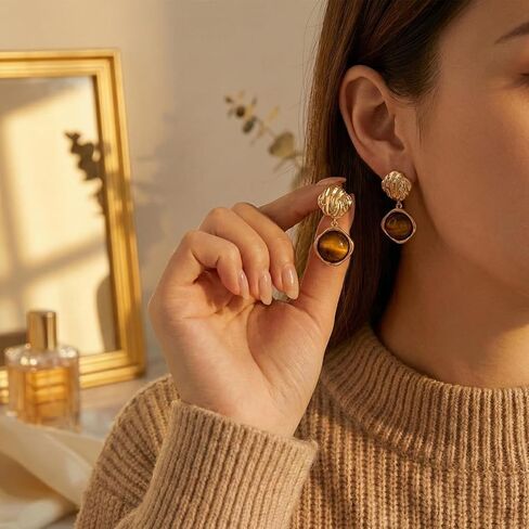 Brown Gold Earrings for Women, Resin Tiger Eye Stud Earrings Set, Chunky Translucent Hypoallergenic Vintage Fashion Jewelry Gifts in Saudi Arabia