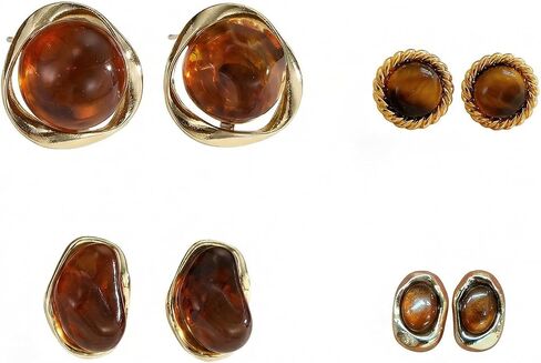 Brown Gold Earrings for Women, Resin Tiger Eye Stud Earrings Set, Chunky Translucent Hypoallergenic Vintage Fashion Jewelry Gifts in Saudi Arabia