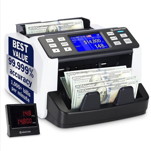 Carnation CR5 Mixed Denomination Money Counter Machine - Money Counter with UV/MG/IR Counterfeit Detection - Value Count 1000N/M Counting Speed and Supported Currency USD/CAD/BRL/MXN/ARS/Pen/Any in Saudi Arabia