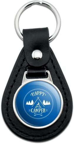 GRAPHICS & MORE Happy Camper with Campfire Black Leather Keychain in Kuwait