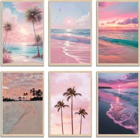 Kunyouchen 6 Pcs Pink Beach Poster Wall Art,Coastal Granddaughter Painting Picture Wall Decor,Pink Preppy Canvas Print Artwork,for Bedroom Girls Room Bathroom Home Decoration Unframed 8x10inch in Kuwait
