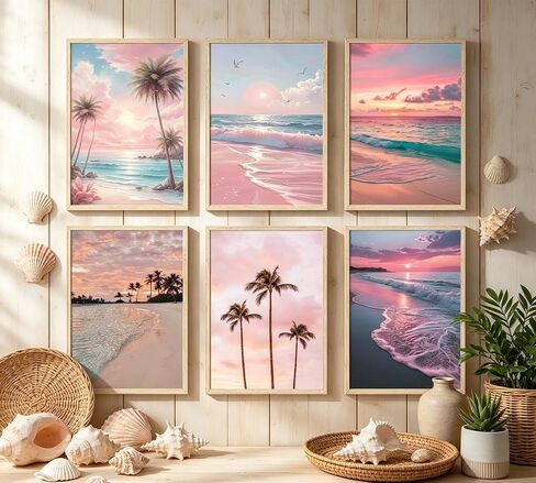 Kunyouchen 6 Pcs Pink Beach Poster Wall Art,Coastal Granddaughter Painting Picture Wall Decor,Pink Preppy Canvas Print Artwork,for Bedroom Girls Room Bathroom Home Decoration Unframed 8x10inch in Kuwait