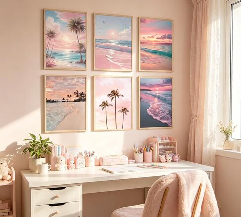 Kunyouchen 6 Pcs Pink Beach Poster Wall Art,Coastal Granddaughter Painting Picture Wall Decor,Pink Preppy Canvas Print Artwork,for Bedroom Girls Room Bathroom Home Decoration Unframed 8x10inch in Kuwait