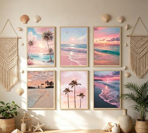 Kunyouchen 6 Pcs Pink Beach Poster Wall Art,Coastal Granddaughter Painting Picture Wall Decor,Pink Preppy Canvas Print Artwork,for Bedroom Girls Room Bathroom Home Decoration Unframed 8x10inch in Kuwait