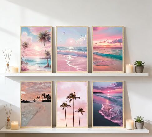 Kunyouchen 6 Pcs Pink Beach Poster Wall Art,Coastal Granddaughter Painting Picture Wall Decor,Pink Preppy Canvas Print Artwork,for Bedroom Girls Room Bathroom Home Decoration Unframed 8x10inch in Kuwait