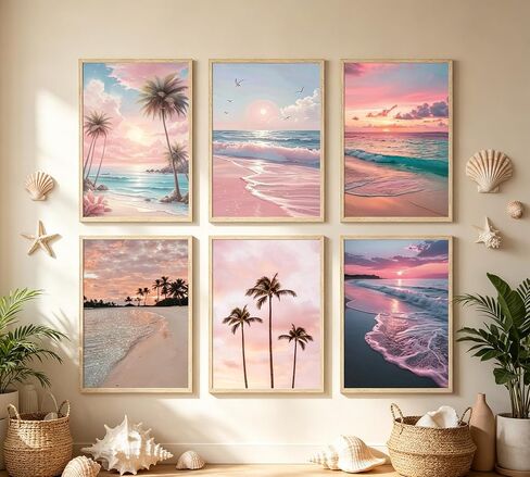 Kunyouchen 6 Pcs Pink Beach Poster Wall Art,Coastal Granddaughter Painting Picture Wall Decor,Pink Preppy Canvas Print Artwork,for Bedroom Girls Room Bathroom Home Decoration Unframed 8x10inch in Kuwait