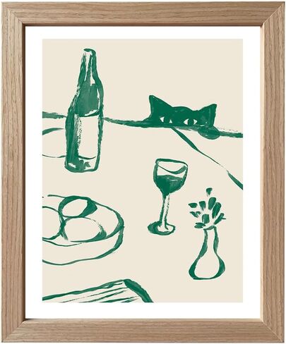Framed Green Kitchen Decor Wall Art Funny Cat Wine Print Poster Bar Cart Artwork Whimsical Animal Sketch Painting Scandi Dinner Party Dining Picture Wall Decor in Saudi Arabia