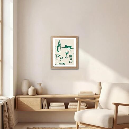 Framed Green Kitchen Decor Wall Art Funny Cat Wine Print Poster Bar Cart Artwork Whimsical Animal Sketch Painting Scandi Dinner Party Dining Picture Wall Decor in Saudi Arabia