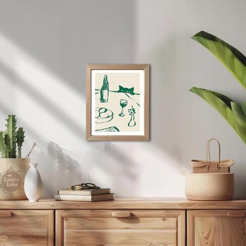 Framed Green Kitchen Decor Wall Art Funny Cat Wine Print Poster Bar Cart Artwork Whimsical Animal Sketch Painting Scandi Dinner Party Dining Picture Wall Decor in Saudi Arabia