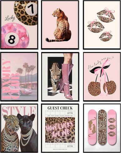 XCHFPKZV 9Pcs Pink Trendy Leopard Wall Art, 8"X10", Unframed | Preppy Cheetah Aesthetic, Funky Lucky 8 Ball Prints, Lucky Lips Leopard Painting, For Girls Bedroom in Kuwait