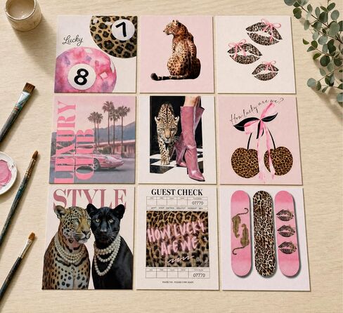XCHFPKZV 9Pcs Pink Trendy Leopard Wall Art, 8"X10", Unframed | Preppy Cheetah Aesthetic, Funky Lucky 8 Ball Prints, Lucky Lips Leopard Painting, For Girls Bedroom in Kuwait