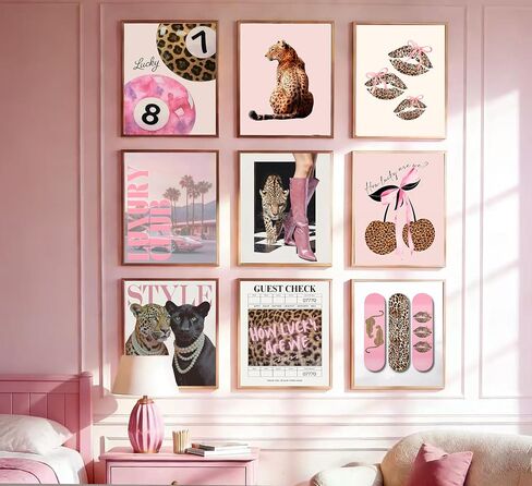 XCHFPKZV 9Pcs Pink Trendy Leopard Wall Art, 8"X10", Unframed | Preppy Cheetah Aesthetic, Funky Lucky 8 Ball Prints, Lucky Lips Leopard Painting, For Girls Bedroom in Kuwait