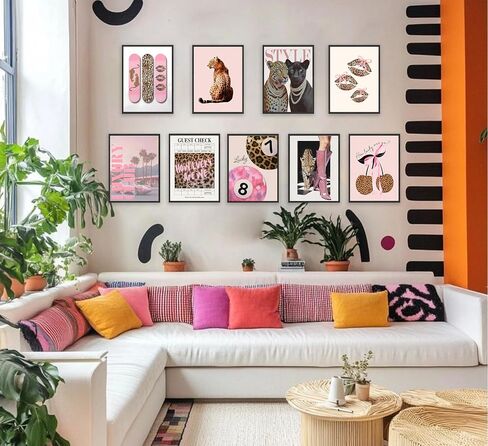XCHFPKZV 9Pcs Pink Trendy Leopard Wall Art, 8"X10", Unframed | Preppy Cheetah Aesthetic, Funky Lucky 8 Ball Prints, Lucky Lips Leopard Painting, For Girls Bedroom in Kuwait