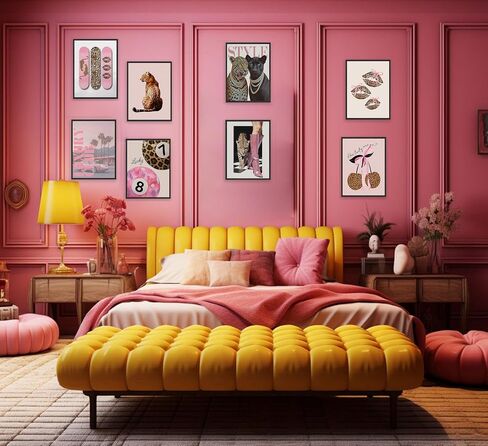 XCHFPKZV 9Pcs Pink Trendy Leopard Wall Art, 8"X10", Unframed | Preppy Cheetah Aesthetic, Funky Lucky 8 Ball Prints, Lucky Lips Leopard Painting, For Girls Bedroom in Kuwait