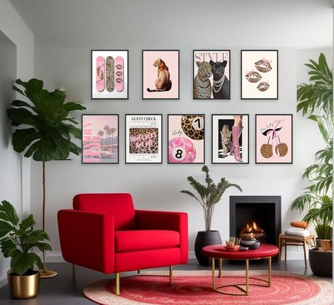 XCHFPKZV 9Pcs Pink Trendy Leopard Wall Art, 8"X10", Unframed | Preppy Cheetah Aesthetic, Funky Lucky 8 Ball Prints, Lucky Lips Leopard Painting, For Girls Bedroom in Kuwait