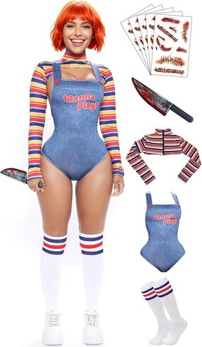 【5 Sizes】Halloween Chucky Costume for Women Wanna Play Bolero Top Overall Bodysuit Knee-high Socks Scar Tattoos Prop Knife in Saudi Arabia