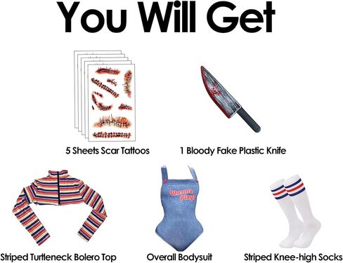 【5 Sizes】Halloween Chucky Costume for Women Wanna Play Bolero Top Overall Bodysuit Knee-high Socks Scar Tattoos Prop Knife in Saudi Arabia