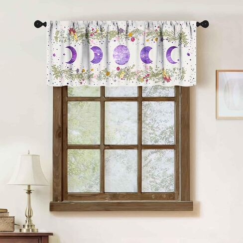 Moon Phase Valance Curtains for Kitchen,Boho Wildflower Floral Plant Botanical Purple Moon Moonlit Garden Floral Gothic Retro Window Treatments for Bedroom Living Room 1 Piece,54x18 Inch in Saudi Arabia