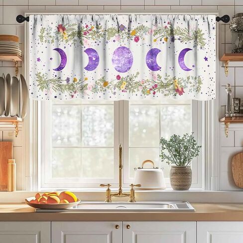 Moon Phase Valance Curtains for Kitchen,Boho Wildflower Floral Plant Botanical Purple Moon Moonlit Garden Floral Gothic Retro Window Treatments for Bedroom Living Room 1 Piece,54x18 Inch in Saudi Arabia
