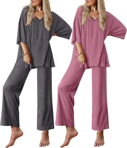 Ekouaer 2 Packs Lounge Sets for Women Short Sleeve Pajamas Set V Neck Top and Long Pants Comfy Pjs Outifts with Pockets in Kuwait