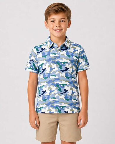 Boys Polo Shirt Short Sleeve Camo Print UPF 50+ Dry Fit Casual Collared Golf Shirts for Kids in Saudi Arabia
