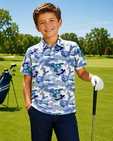 Boys Polo Shirt Short Sleeve Camo Print UPF 50+ Dry Fit Casual Collared Golf Shirts for Kids in Saudi Arabia