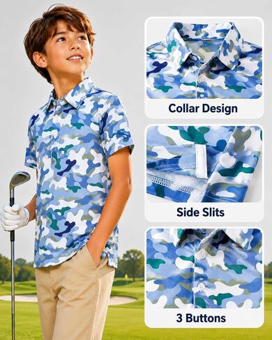 Boys Polo Shirt Short Sleeve Camo Print UPF 50+ Dry Fit Casual Collared Golf Shirts for Kids in Saudi Arabia