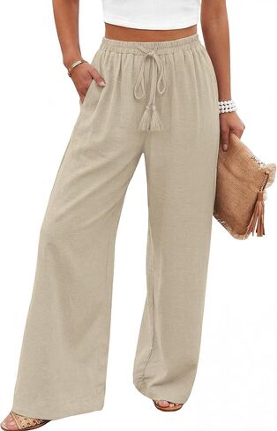 LOOKBOHO Women's Wide Leg Lounge Pants with Pockets Lightweight High Waisted Adjustable Tie Knot Loose Trousers with Pockets Apricot S in Saudi Arabia