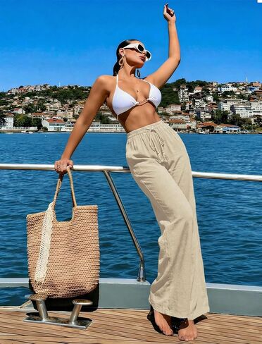 LOOKBOHO Women's Wide Leg Lounge Pants with Pockets Lightweight High Waisted Adjustable Tie Knot Loose Trousers with Pockets Apricot S in Saudi Arabia