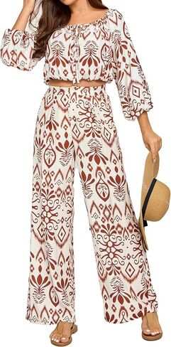 Women 2 Piece Floral Outfits Long Sleeve Off the Shoulder Crop Tops Matching Wide Leg Palazzo Pants in Saudi Arabia