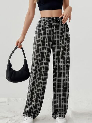 Women's Plus Size Allover Plaid Print Pants with Drawstring and Pockets Casual Holiday Sport Long Trousers in Kuwait