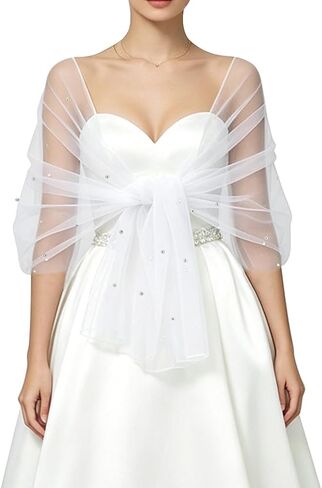 WEBEEDY 2 Pcs White Pearl Bridal Shawl Tulle Shawl Sheer Wedding Cape for Bride, Wedding Dress Cover Up for Women for Women Bride Formal Event Cover Up Wedding Ceremony Photo Shoot in Kuwait