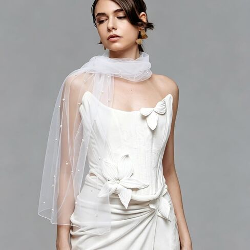 WEBEEDY 2 Pcs White Pearl Bridal Shawl Tulle Shawl Sheer Wedding Cape for Bride, Wedding Dress Cover Up for Women for Women Bride Formal Event Cover Up Wedding Ceremony Photo Shoot in Kuwait