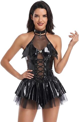 sexy devil Costume for women Dress Cosplay Outfit lingerie Bodysuit Babydoll halloween Cute shiny PU Leather Wings Witch Angel Anime Roleplay Choker Halter Top Skirt Set Black in Saudi Arabia