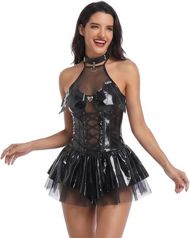 sexy devil Costume for women Dress Cosplay Outfit lingerie Bodysuit Babydoll halloween Cute shiny PU Leather Wings Witch Angel Anime Roleplay Choker Halter Top Skirt Set Black in Saudi Arabia