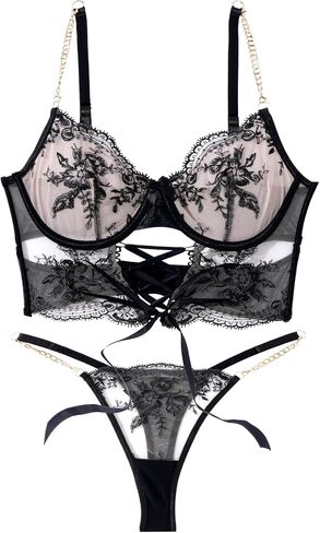 FEOYA Push Up Strappy Embroidered Mesh Sheer Lingerie Set Sexy Floral Embroidered Underwear in Kuwait