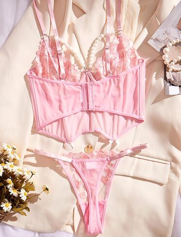 FEOYA Push Up Strappy Embroidered Mesh Sheer Lingerie Set Sexy Floral Embroidered Underwear in Kuwait