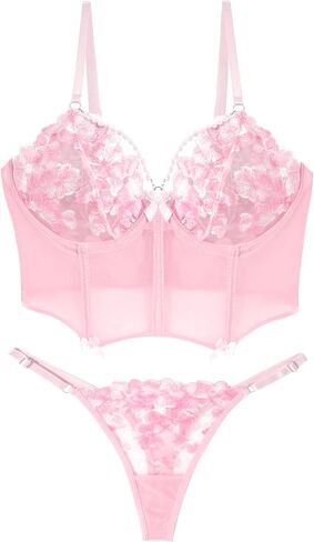 FEOYA Push Up Strappy Embroidered Mesh Sheer Lingerie Set Sexy Floral Embroidered Underwear in Kuwait