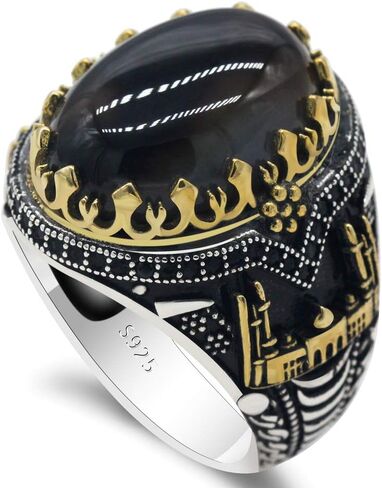 S925 pure silver natural black agate stone men's ring with Gothic style unique accessory size 7-13 in Saudi Arabia