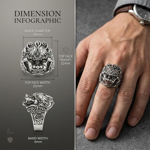 Pixiu Ring for Men and Women, Adjustable Size 9-14, Sacred Talisman for Protection and Abundance, Ancient Oriental Mysticism, Gothic Punk Biker Ring, Eastern Chimera Ring, Spiritual Jewelry Gift in Saudi Arabia