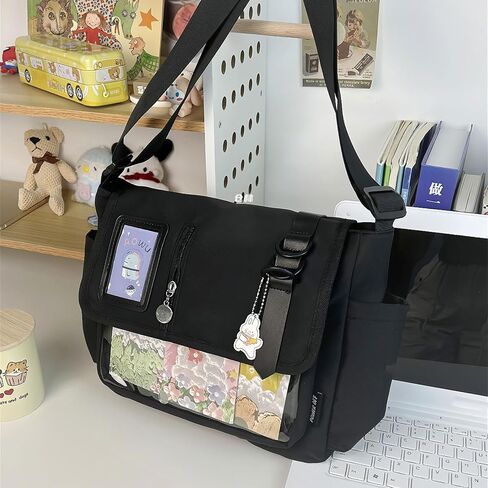 Japanese Styles Nylon Crossbody Bag for Anime Enthusiasts and Students Large Capacity Shoulder Bags for Everyday Use, Plain Black, As pic shown in Saudi Arabia