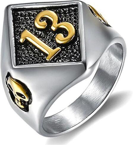 Biker Ring 1% er Outlaw, Lucky 7 & Lucky 13 Titanium Steel Diamond-Shaped Face with Skull Side, Gothic Punk Rebel Bikerring Jewelry in Saudi Arabia