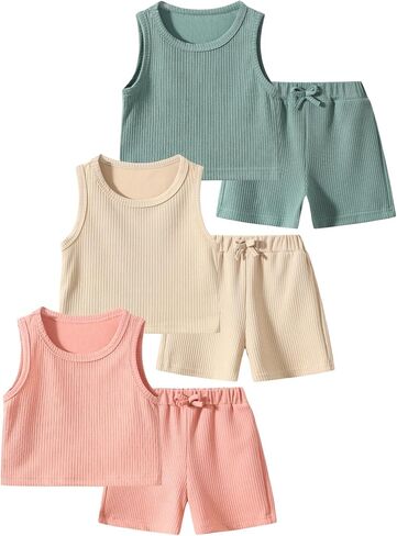 Girls 6 Piece Outfit Sleeveless Round Neck Crop Top and Elastic Waist Shorts Set Casual Summer Clothing 3-14Y in Saudi Arabia