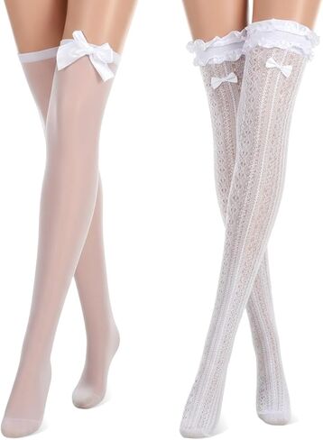2 Pairs White Stockings for Women, White Lace Thigh High Stockings, Stay-Up Design (Breathable & Soft) in Saudi Arabia