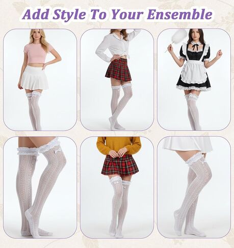 2 Pairs White Stockings for Women, White Lace Thigh High Stockings, Stay-Up Design (Breathable & Soft) in Saudi Arabia