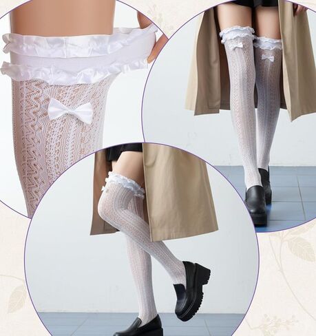 2 Pairs White Stockings for Women, White Lace Thigh High Stockings, Stay-Up Design (Breathable & Soft) in Saudi Arabia
