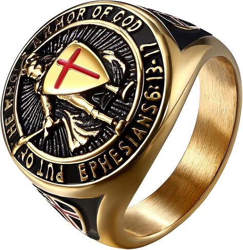 حلقة متقاطعة من Knight Templar للرجال: مصنوعة من الفولاذ المقاوم للصدأ على درع الله بالكامل، تميمة الصليب الأحمر، خواتم مجوهرات، مقاس 8-13 in Kuwait