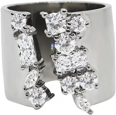Silver Tone Wide Band Ring for Men Women, Asymmetric Cubic Zirconia Cluster Statement Ring, Adjustable Open Band Street Fashion Jewelry in Saudi Arabia